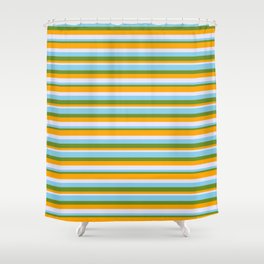[ Thumbnail: Sky Blue, Green, Orange, and Lavender Colored Lines Pattern Shower Curtain ]