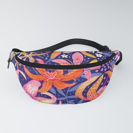 Dancing Tiger Lillies on dark blue Fanny Pack