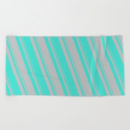 [ Thumbnail: Turquoise and Grey Colored Stripes/Lines Pattern Beach Towel ]