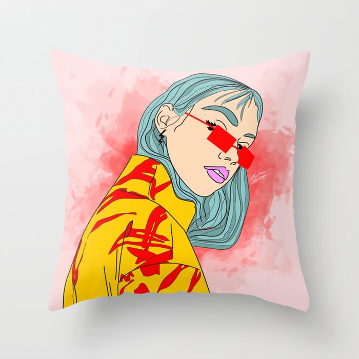 CUZ IM KOOL LIKE DAT - Asian Female with Blue Hair Digital Drawing Throw Pillow