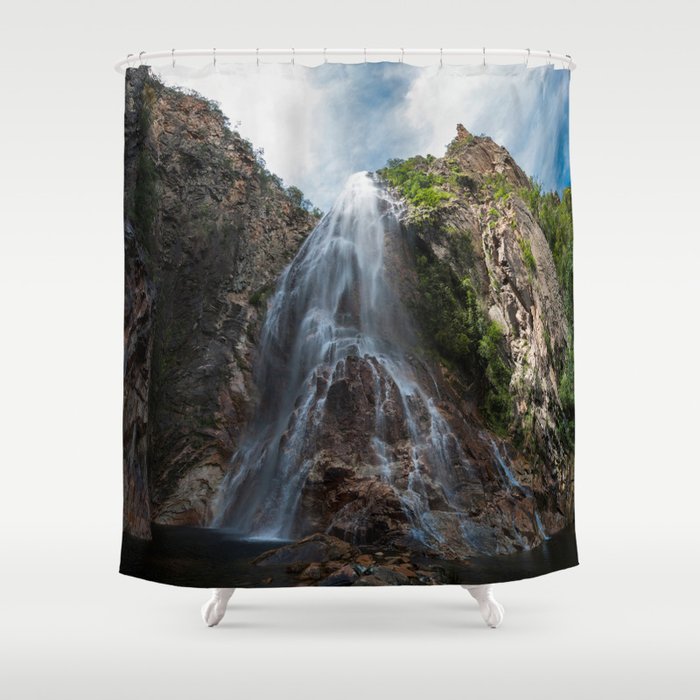 Brazil Photography - Beautiful Waterfall Under The Blue Cloudy Sky Shower Curtain