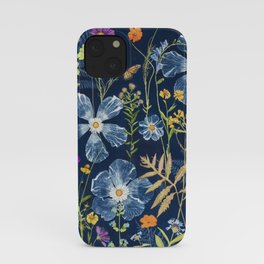 Cyanotype Painting (Hibiscus, Daisies, Cosmos, Ferns, Monarch) iPhone Case