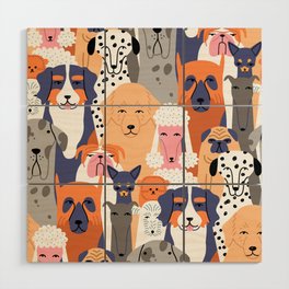 Funny diverse dog crowd character cartoon background Wood Wall Art