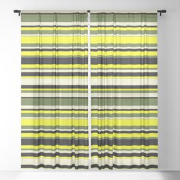 [ Thumbnail: Yellow, Dark Olive Green, Light Yellow, and Black Colored Lines Pattern Sheer Curtain ]