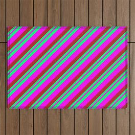 [ Thumbnail: Green, Fuchsia & Red Colored Striped Pattern Outdoor Rug ]