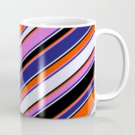 [ Thumbnail: Vibrant Red, Orchid, Midnight Blue, Lavender, and Black Colored Lines Pattern Coffee Mug ]