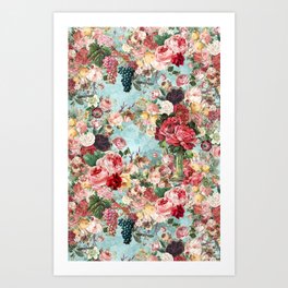 Aqua floral vintage dreams pattern Art Print