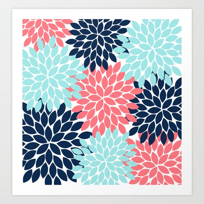 Navy Coral Aqua Floral Pattern Flower Burst Petals Art Print By Trmdesign Society6