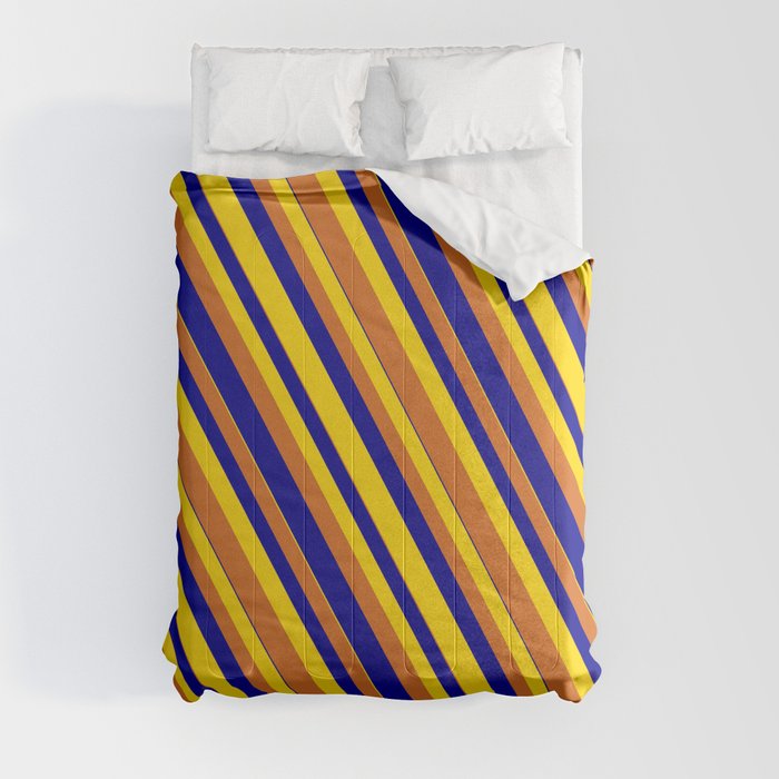 Dark Blue, Yellow, and Chocolate Colored Striped/Lined Pattern Comforter