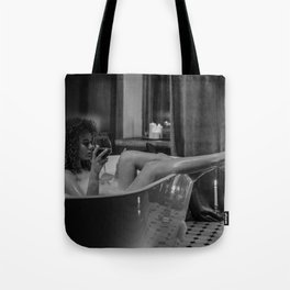 African American woman drinking burgundy wine by candlelight in the clawfoot bathtub portrait photograph - photography - photographs Tote Bag
