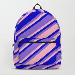 [ Thumbnail: Pink, Blue, and Purple Colored Pattern of Stripes Backpack ]