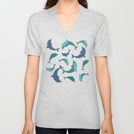 Playful Dolphins on Aquamarine Background V Neck T Shirt