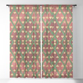 Gold Hearts on a Red Shiny Background with Green Crisscross  Diamond Lines Sheer Curtain