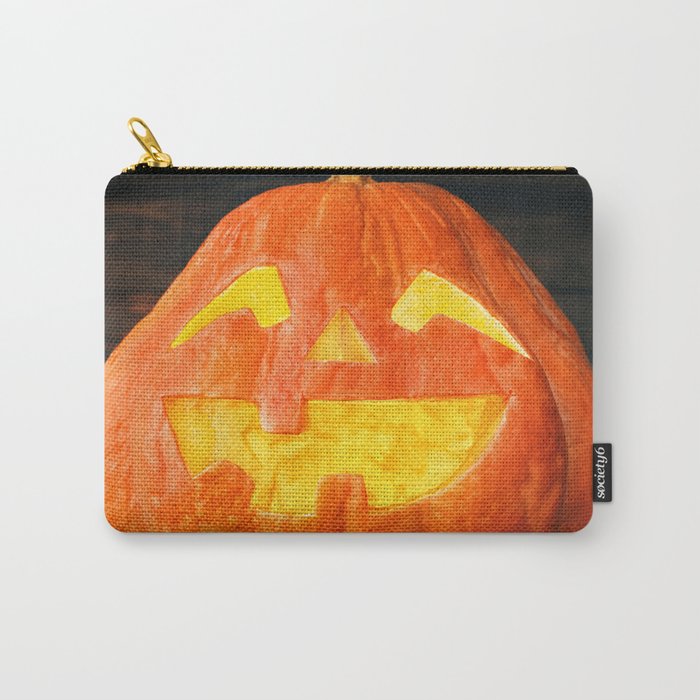 Halloween Pumpkin with Leaves on Wooden Background Carry-All Pouch