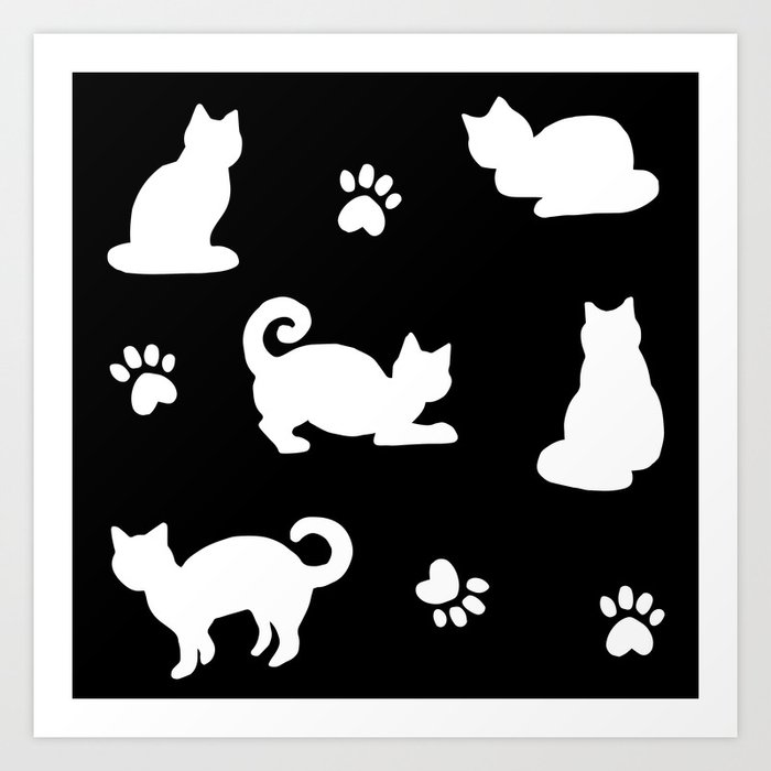 White Cats And Paw Prints Pattern On Black Art Print By