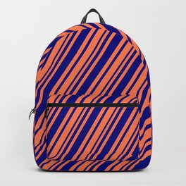 [ Thumbnail: Coral and Blue Colored Striped Pattern Backpack ]