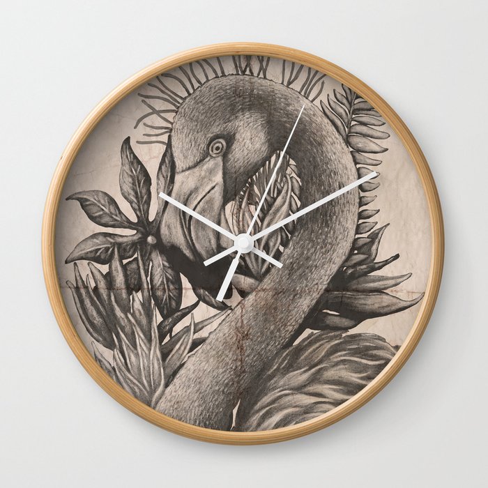 Flamingo painting on old paper Wall Clock