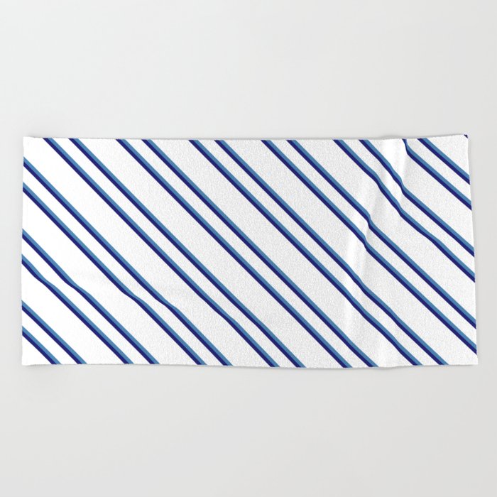 White, Blue & Midnight Blue Colored Striped Pattern Beach Towel