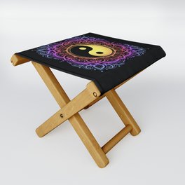 Color Circular pattern in form of mandala with ancient hand drawn symbol Yin-yang. Rainbow design on black background. Folding Stool