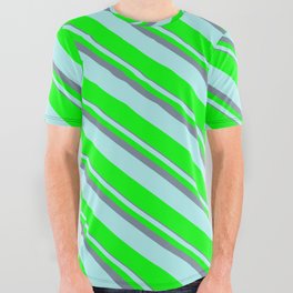 [ Thumbnail: Light Slate Gray, Turquoise & Lime Colored Striped Pattern All Over Graphic Tee ]