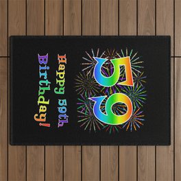 [ Thumbnail: 59th Birthday - Fun Rainbow Spectrum Gradient Pattern Text, Bursting Fireworks Inspired Background Outdoor Rug ]