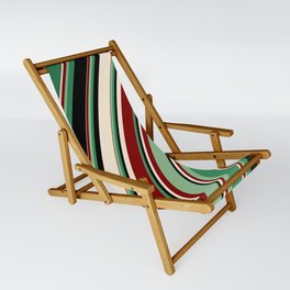 [ Thumbnail: Colorful Beige, Maroon, Dark Sea Green, Sea Green, and Black Colored Striped Pattern Sling Chair ]