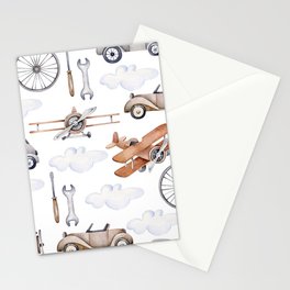 Watercolor baby pattern with retro cars and planes Stationery Card