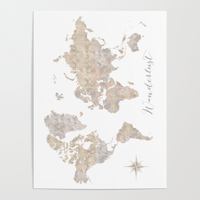 Wanderlust watercolor world map with compass rose Poster