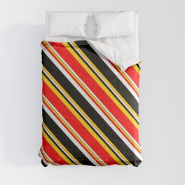 [ Thumbnail: Yellow, Red, Mint Cream, and Black Colored Pattern of Stripes Comforter ]
