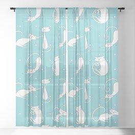 White Cats on blue background with polka dots Sheer Curtain