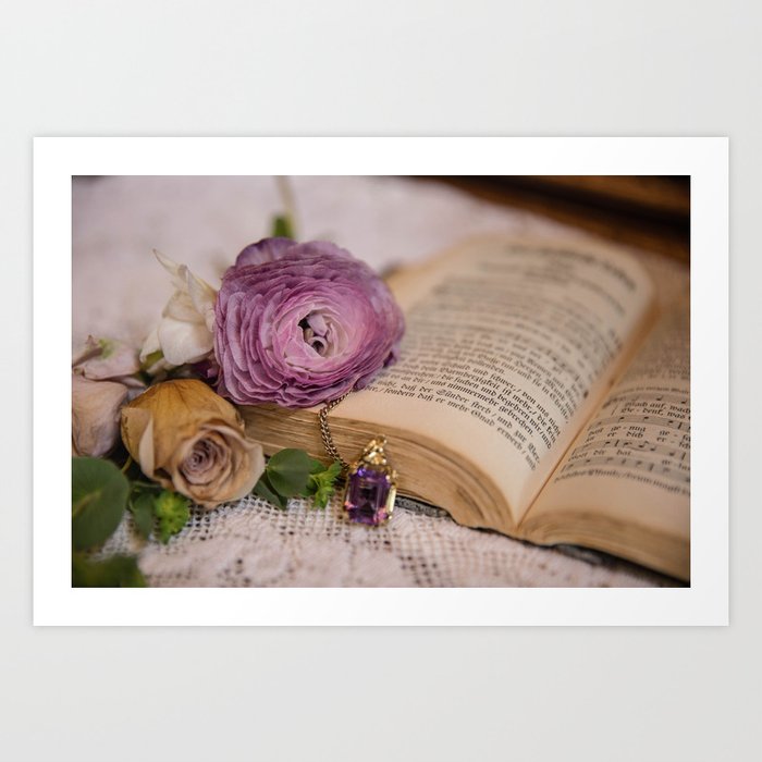 Elegant Memories Old-fashioned Floral Amethyst Music Book Still Life Art Print