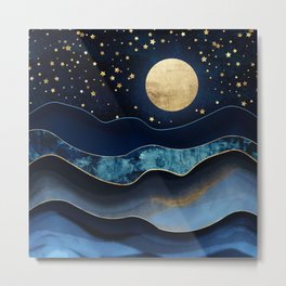 Golden Moon Metal Print | Gold, Stars, Night, Dream, Abstract, Celestial, Waves, Cobalt, Digital, Mountains 