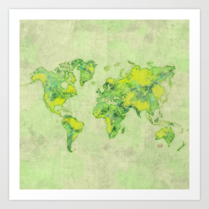 World Map Green Vintage Art Print