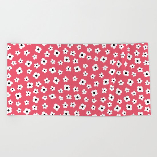 Coral White Spring Flower Pattern Beach Towel