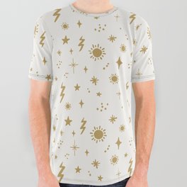 White and Gold Celestial Sky Sun Pattern All Over Graphic Tee