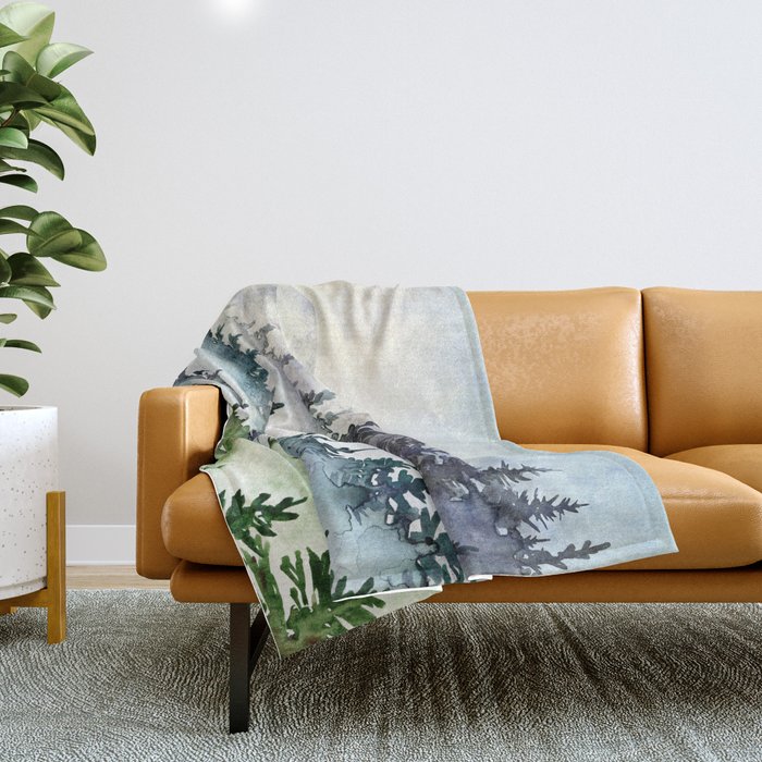 Misty Mountain Pines - Foggy Forest Watercolor Painting Throw Blanket