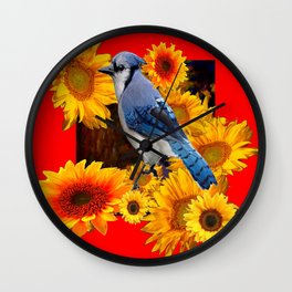 RED SUNFLOWERS  & BLUE JAY ART Wall Clock