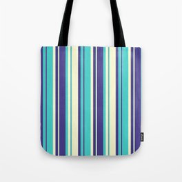 [ Thumbnail: Dark Slate Blue, Turquoise & Light Yellow Colored Striped/Lined Pattern Tote Bag ]