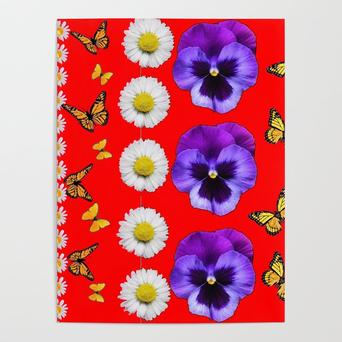 PURPLE PANSIES, WHITE DAISIES, MONARCH BUTTERFLIES RED ART Poster