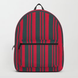 [ Thumbnail: Crimson and Dark Slate Gray Colored Lines Pattern Backpack ]