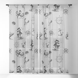 Light Grey And Black Silhouettes Of Vintage Nautical Pattern Sheer Curtain