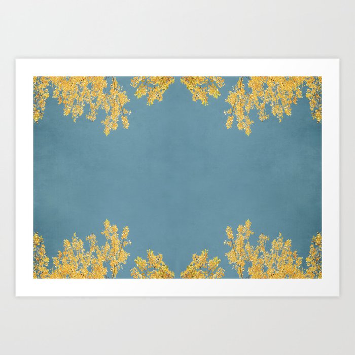 Mustard and Gold Leaves on Teal Blue Art Print