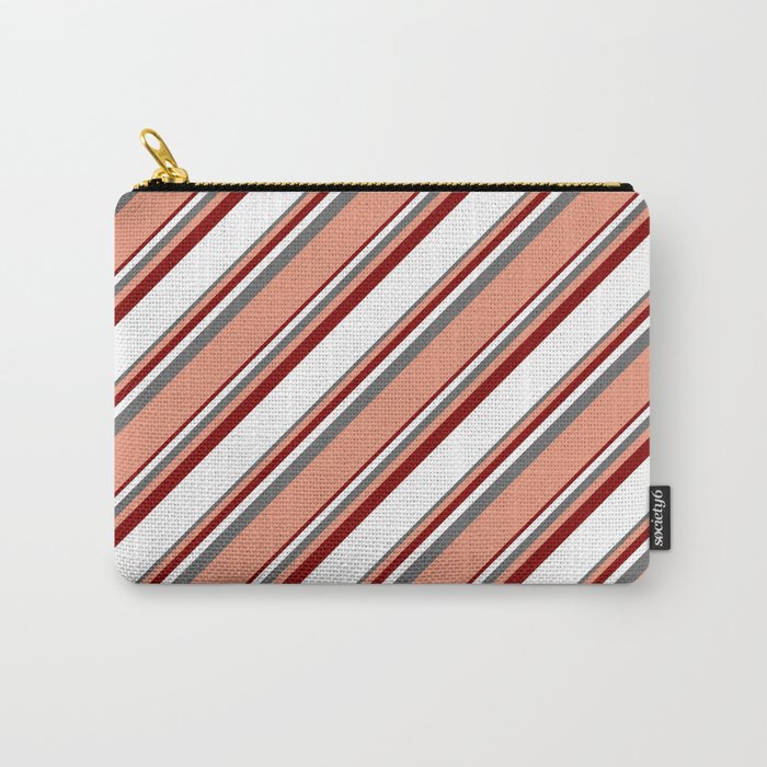 Dim Gray, Dark Salmon, Maroon & White Colored Lines/Stripes Pattern Carry-All Pouch