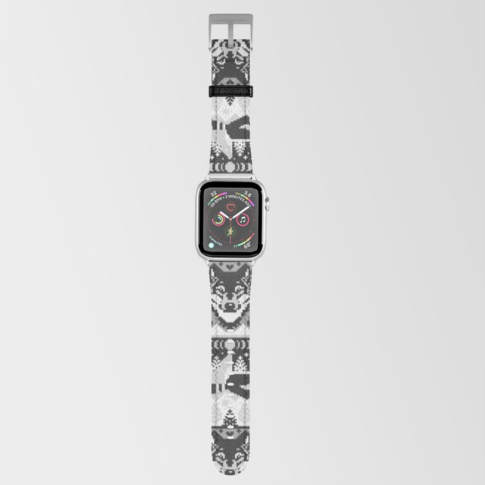 Fair isle knitting grey wolf // black and white wolves moons and pine trees Apple Watch Band