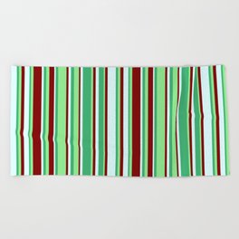 [ Thumbnail: Sea Green, Light Green, Maroon, and Light Cyan Colored Striped Pattern Beach Towel ]