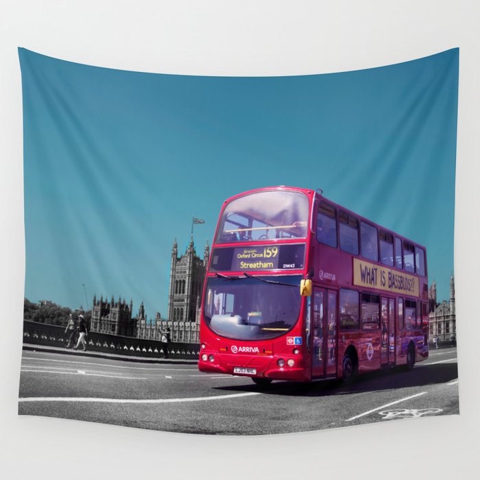 Great Britain Photography - Double Decker Bus Driving On A Road In London Wall Tapestry
