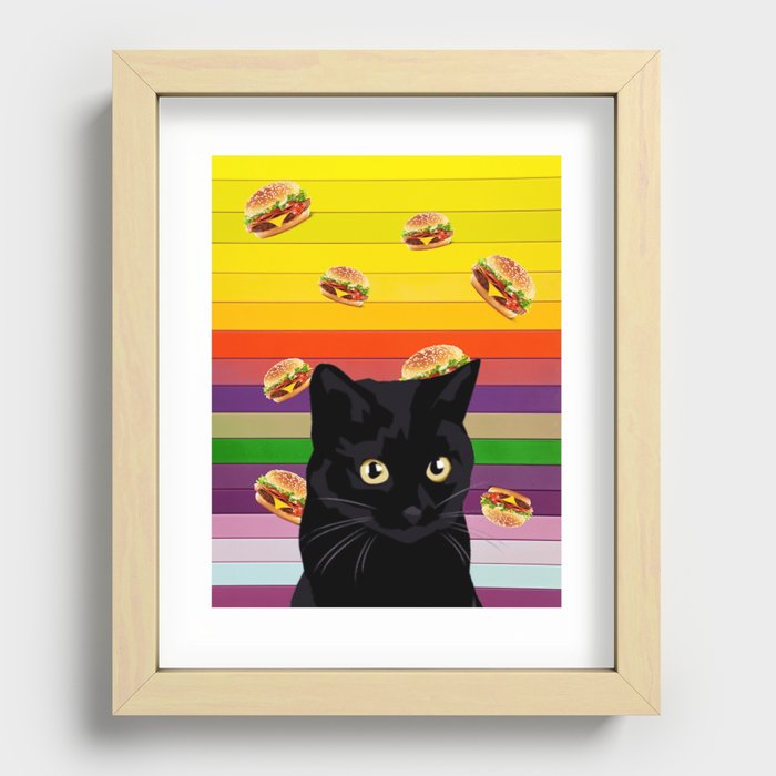 Black cat and burgers, Black cat collage Recessed Framed Print