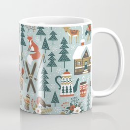 Hand drawn seamless vintage pattern with cute forest animals. Winter woodland repetitive wallpaper with deer, fox, bird, chalet, flowers and ski on light blue background.  Coffee Mug
