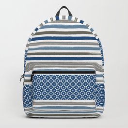 Modern Beachy Paint Brush Stripes in Blue and Putty Gray Backpack