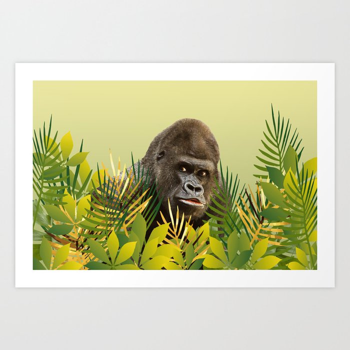 Gorilla in Jungle with Palm leaves Art Print